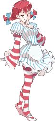 Rule 34 | 1girl, blue bow, blue eyes, bow, braid, commentary, dress, english commentary, freckles, full body, grin, hair bow, hand to own mouth, highres, long hair, looking at viewer, pantyhose, puffy sleeves, red hair, rtil, simple background, smile, smug, solo, striped clothes, striped dress, striped legwear, striped pantyhose, striped sleeves, teeth, twin braids, twintails, vertical-striped clothes, vertical-striped dress, wendy&#039;s, wendy (wendy&#039;s), white background, wide sleeves