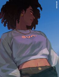 Rule 34 | 1girl, annie mei project, artist name, caleb thomas, commentary, dark-skinned female, dark skin, earrings, from below, highres, jewelry, long sleeves, looking to the side, navel, necklace, profile, retro mei, shirt, solo, symbol-only commentary, upper body, very dark skin, white shirt