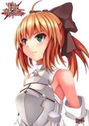 Rule 34 | 1girl, armor, artoria pendragon (all), artoria pendragon (fate), blonde hair, blush, chroblack, commentary, english commentary, eyebrows hidden by hair, fate/stay night, fate/unlimited codes, fate (series), green eyes, hair ribbon, ponytail, ribbon, saber lily, simple background, solo, white background