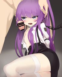 Rule 34 | 1boy, 1girl, arms behind back, azur lane, bar censor, black skirt, blue eyes, bound, bound arms, breasts, censored, chain, chained, clothed female nude male, erection, hairjob, hand on another&#039;s head, hetero, highres, imminent fellatio, long hair, lying, miniskirt, nipples, no bra, nude, on side, open clothes, open mouth, open shirt, penis, petite, purple hair, skirt, small breasts, tashkent (azur lane), thighhighs, viroa, white thighhighs