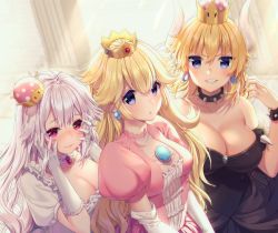 Rule 34 | 3girls, armlet, bare shoulders, black dress, black nails, blonde hair, blue eyes, blush, bowsette, bracelet, breasts, cleavage, collar, collarbone, commentary request, crown, dress, earrings, elbow gloves, frilled dress, frilled gloves, frills, girl sandwich, gloves, hair between eyes, hands on own cheeks, hands on own face, horns, jewelry, large breasts, long hair, looking at viewer, mario (series), mini crown, multiple girls, nail polish, new super mario bros. u deluxe, nintendo, parted lips, pink dress, ponytail, princess king boo, princess peach, puffy short sleeves, puffy sleeves, red eyes, rosuuri, sandwiched, sharp teeth, short sleeves, spiked bracelet, spiked collar, spikes, strapless, strapless dress, super crown, teeth, very long hair, wavy mouth, white dress, white gloves, white hair