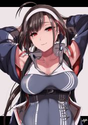 Rule 34 | 1girl, absurdres, ahoge, anchor hair ornament, armpits, arms behind head, azur lane, breasts, brown hair, cloak, closed mouth, collarbone, dress, earrings, hair ornament, hairband, head tilt, highres, huge filesize, independence (azur lane), jewelry, large breasts, letterboxed, long hair, looking at viewer, minagokoro, off shoulder, outside border, red eyes, signature, sleeveless, sleeveless dress, slit pupils, smile, solo, underbust, upper body