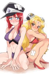 Rule 34 | &gt;:t, 2girls, :t, bikini, blonde hair, blush, breasts, dress, forte stollen, galaxy angel, hakinikui kutsu no mise, hat, high heels, large breasts, long hair, looking at viewer, monocle, multiple girls, pout, ranpha franboise, red hair, short hair, simple background, swimsuit, tears, v-shaped eyebrows, white background