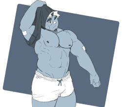 Rule 34 | 1boy, abs, akiha gongen (housamo), bandaid, bandaid on face, bandaid on nose, bara, bare pectorals, blue theme, bulge, cowboy shot, facial hair, goatee, groin, horns, huge eyebrows, inset border, large pectorals, looking at viewer, male focus, monochrome, multicolored hair, muscular, muscular male, navel, nipples, one eye closed, pectorals, ragi san (ononokomachiimo), short hair, short shorts, shorts, single horn, solo, standing, stomach, strongman waist, thick thighs, thighs, thighs together, tokyo houkago summoners, two-tone hair, undressing