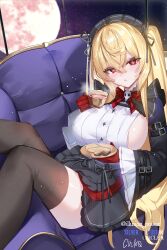 Rule 34 | 1girl, black headwear, black thighhighs, blonde hair, blush, breasts, couch, cup, full moon, gloves, hair between eyes, highres, holding, holding cup, hwansang jungdog, large breasts, long hair, looking at viewer, moon, original, parted lips, red eyes, red gloves, sideboob, sitting, solo, thighhighs, thighs