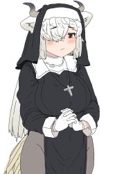 Rule 34 | absurdres, black dress, black pantyhose, blush, brown eyes, cross, cross necklace, dress, embarrassed, gloves, habit, hair between eyes, highres, jewelry, kemono friends, kumasyan1998, long dress, long hair, necklace, nun, own hands together, ox ears, ox girl, ox horns, ox tail, pantyhose, sidelocks, sleeve cuffs, traditional nun, white gloves, white hair, yak (kemono friends)