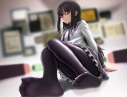 Rule 34 | 10s, 1girl, :o, akemi homura, argyle, argyle clothes, argyle legwear, arm support, bed, black hair, black pantyhose, blurry, depth of field, feet, foreshortening, glasses, hairband, long hair, looking at viewer, magical girl, mahou shoujo madoka magica, mahou shoujo madoka magica (anime), no shoes, pantyhose, purple eyes, red-framed eyewear, siraha, sitting, skirt, soles, solo, toes
