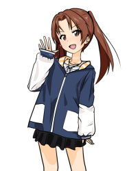 Rule 34 | 1girl, black skirt, blue jacket, brown eyes, brown hair, casual, commentary, cowboy shot, girls und panzer, hood, hood down, hoodie, jacket, kadotani anzu, long hair, long sleeves, looking at viewer, mal (malmlamal), miniskirt, open mouth, parted bangs, pleated skirt, simple background, skirt, sleeves past wrists, smile, solo, standing, twintails, waving, white background