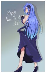 Rule 34 | 10s, 1girl, absurdres, airisubaka, alcohol, artist name, blue dress, blue hair, breasts, cup, dress, drinking glass, female focus, from behind, glass, hair ornament, high heels, highres, holding, holding cup, holding drinking glass, iris heart, long hair, looking at viewer, neptune (series), new year, nightgown, no bra, pururut, red eyes, sideboob, solo, wine, wine glass