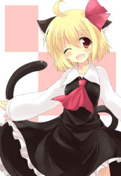Rule 34 | 1girl, ahoge, animal ears, blonde hair, blush, bow, cat ears, cat girl, cat tail, female focus, kemonomimi mode, looking at viewer, open mouth, red eyes, rumia, short hair, smile, solo, tail, touhou, ut pictura poesis, wink