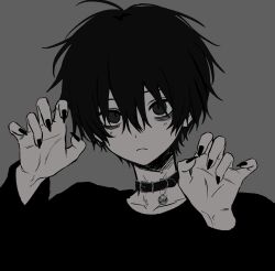 Rule 34 | 1boy, absurdres, bags under eyes, bell, black collar, black eyes, black hair, black nails, black shirt, claw pose, closed mouth, collar, fingernails, grey background, hair between eyes, highres, imai akira, looking at viewer, male focus, messy hair, neck bell, original, sharp fingernails, shirt, simple background, solo, upper body