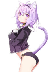 Rule 34 | 1girl, absurdres, ahoge, animal collar, animal ear fluff, animal ears, arched back, ass, black collar, black hairband, black shirt, blush, breast suppress, breasts, cat ears, cat girl, cat tail, closed mouth, collar, collared shirt, cowboy shot, crop top, crop top overhang, cropped shirt, crossed bangs, curled tail, diagonal bangs, from side, hair between eyes, hairband, hand on own chest, highres, hololive, hololive gamers, large breasts, long sleeves, looking at viewer, medium hair, midriff, neckerchief, nekomata okayu, nekomata okayu (casual), no bra, no pants, paw ornament, paw print, purple eyes, purple hair, sailor collar, sailor shirt, school uniform, see-through silhouette, serafuku, shiisaa3, shirt, simple background, sleeves past wrists, solo, tail, thighs, unbuttoned, undressing, virtual youtuber, white background, white neckerchief