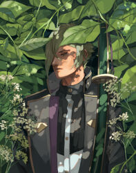 Rule 34 | 1boy, black shirt, buttons, closed mouth, commentary, dappled sunlight, dated commentary, expressionless, flower, green hair, hair over one eye, hizamaru (touken ranbu), holding, holding sword, holding weapon, katana, leaf, looking afar, male focus, military, military uniform, plant, sheath, sheathed, shirt, short hair, solo, sunlight, sword, symbol-only commentary, touken ranbu, uniform, upper body, weapon, white flower, yellow eyes, zi tsas