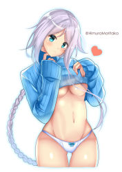 Rule 34 | 1girl, absurdres, alternate costume, blue eyes, blue sweater, bow, bow panties, braid, breasts, clothes lift, finger to own chin, gluteal fold, grey hair, heart, highres, himura moritaka, kantai collection, long hair, long sleeves, medium breasts, no bra, panties, shirt lift, simple background, solo, sweater, turtleneck, turtleneck sweater, twitter username, umikaze (kancolle), underboob, underwear, very long hair, white background, white panties