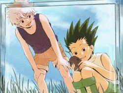 Rule 34 | 2boys, black eyes, black hair, black shirt, blue sky, boots, cloud, cloudy sky, feet out of frame, gon freecss, grass, green footwear, green shorts, highres, hunter x hunter, killua zoldyck, knees up, long hair, male focus, michelle theodore, multiple boys, open mouth, outdoors, shirt, shorts, sitting, sky, smile, tongue, tongue out, white hair, white shirt, yellow shorts