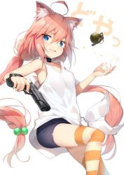 Rule 34 | 1girl, ahoge, animal ear fluff, animal ears, asymmetrical legwear, bare arms, bike shorts, black choker, black shorts, blue eyes, breasts, cat ears, choker, collarbone, commentary request, emoticon, explosive, grenade, gun, hair between eyes, hair bobbles, hair ornament, handgun, hinata channel, holding, holding gun, holding weapon, long hair, looking at viewer, low twintails, mismatched legwear, nekomiya hinata, orange thighhighs, parted lips, pink hair, pistol, shirt, short shorts, shorts, simple background, small breasts, smile, solo, sparkle, striped clothes, striped thighhighs, tank top, thighhighs, translation request, twintails, very long hair, virtual youtuber, weapon, weapon request, white background, white shirt, yappen