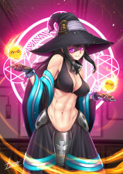 Rule 34 | 1girl, abs, adsouto, black hair, breasts, cleavage, en&#039;en no shouboutai, energy, energy ball, fire, fireball, glowing, glowing eyes, highres, large breasts, long hair, looking at viewer, maki oze, muscular, muscular female, open clothes, purple eyes, revealing clothes, shiny skin, solo
