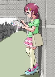 Rule 34 | 1girl, bag, blue footwear, bow, clover, comiket, facing to the side, footwear bow, four-leaf clover, full body, green shirt, hair ornament, hair tie, hairclip, halftone, highres, holding, holding paper, hugtto! precure, itommy, layered skirt, medium hair, nono kotori, paper, pink bow, ponytail, precure, purple hair, red eyes, shirt, shoulder bag, skirt, thighhighs, yellow thighhighs