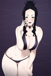 Rule 34 | 1girl, arachne (soul eater), bare shoulders, bikini, black bikini, black hair, black lips, black nails, goth fashion, hair bun, highres, lindaroze, lipstick, looking at viewer, makeup, nail polish, sidelocks, smile, solo, soul eater, swimsuit
