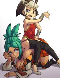 Rule 34 | 2girls, absurdres, all fours, boots, breasts, cerebella (skullgirls), chinese clothes, cleavage, dark-skinned female, dark skin, detached collar, feng (skullgirls), frown, gradient background, green hair, green lips, hanging breasts, highres, looking at another, moxydraws, multiple girls, open mouth, sitting, sitting on person, skullgirls, smile, thigh boots, vambraces, wide sleeves