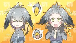 Rule 34 | &gt;:|, ..., 10s, 1girl, :o, :|, artist request, bird, black hair, blush, breast pocket, closed mouth, commentary, fingerless gloves, forehead, frown, gloves, green eyes, grey hair, grey shirt, hair between eyes, head wings, japari symbol, kemono friends, looking at viewer, low ponytail, multicolored hair, multiple views, necktie, pocket, shirt, shoebill, shoebill (kemono friends), short hair, short sleeves, side ponytail, v-shaped eyebrows, wings