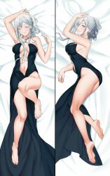 Rule 34 | 1girl, ak-12 (girls&#039; frontline), ak-12 (quiet azure) (girls&#039; frontline), ass, bare shoulders, barefoot, bed sheet, black dress, breasts, center opening, closed eyes, closed mouth, dakimakura (medium), dress, full body, girls&#039; frontline, gown, halter dress, halterneck, highres, jewelry, kneepits, large breasts, legs, long hair, looking at viewer, lying, multiple views, navel, necklace, no bra, no panties, official alternate costume, on back, on side, parted bangs, parted lips, ponytail, purple eyes, seductive smile, silver hair, smile, soles, zui ai shuang mawei