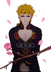 Rule 34 | 1boy, blonde hair, blue eyes, blurry, braid, braided ponytail, branch, bug, depth of field, flower, giorno giovanna, insect, jojo no kimyou na bouken, ladybug, male focus, petals, solo, tianel ent, wing ornament