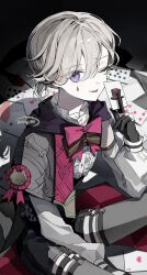 Rule 34 | 1boy, androgynous, black gloves, black hood, blonde hair, bow, card, detached sleeves, genshin impact, gloves, highres, holding, holding card, hood, hood down, looking at viewer, lyney (genshin impact), male focus, nong 345, one eye closed, playing card, purple eyes, red bow, shirt, solo, teardrop facial mark, tongue, tongue out, white shirt