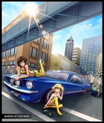 Rule 34 | 1990s (style), animeflux, blonde hair, blue eyes, brown hair, car, explosive, ford, ford mustang, grenade, gunsmith cats, minnie may hopkins, motor vehicle, rally vincent, retro artstyle, shelby gt500, short hair, shorts, thighhighs, vehicle