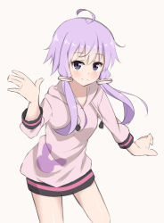 Rule 34 | 1girl, ahoge, bad id, bad pixiv id, blush, breasts, closed mouth, commentary request, drawstring, hair between eyes, hair ornament, hand up, hood, hood down, hoodie, kohakope, long hair, long sleeves, looking at viewer, pink background, pink hoodie, purple eyes, purple hair, sidelocks, simple background, sketch, small breasts, smile, solo, vocaloid, voiceroid, yuzuki yukari