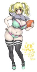 Rule 34 | 1girl, american football, ball, blonde hair, blush, bra, breasts, brown eyes, headphones, huge breasts, large breasts, looking at viewer, navel, nitroplus, official art, open mouth, orange eyes, panties, plump, rugby, rugby ball, short hair, skindentation, solo, sportswear, super pochaco, thighhighs, tsuji santa, twintails, underwear