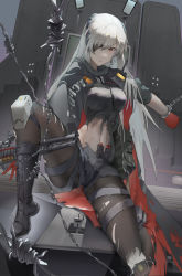 Rule 34 | 1girl, absurdres, black shirt, boots, breasts, chinese commentary, commentary request, cuffs, full body, girls&#039; frontline, girls&#039; frontline neural cloud, gloves, grey shorts, gun, hair between eyes, hair over one eye, highres, large breasts, linea alba, long hair, looking at viewer, midriff, navel, pantyhose, red eyes, red gloves, restrained, sail (apha7775), serious, shackles, shirt, shorts, shotgun, shotgun shell, silver hair, sitting, solo, spread legs, swept bangs, thighs, torn clothes, torn pantyhose, torn shirt, weapon