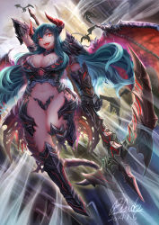 Rule 34 | 10s, 1girl, arm up, breasts, chain chronicle, cleavage, demon girl, demon tail, horns, huge breasts, midair, original, qblade, smile, solo, tail, thighs