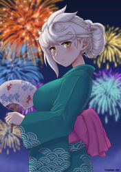Rule 34 | 1girl, aerial fireworks, aqua kimono, asymmetrical hair, blush, closed mouth, cypress, fireworks, hand fan, highres, holding, holding fan, japanese clothes, kantai collection, kimono, long hair, long sleeves, looking at viewer, obi, revision, sash, smile, solo, twitter username, unryuu (kancolle), white hair, wide sleeves, yellow eyes, yukata
