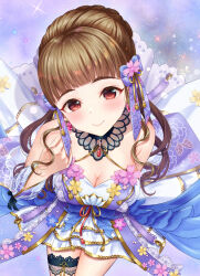 Rule 34 | 1girl, absurdres, alternate costume, arched bangs, bare shoulders, blunt bangs, blush, breasts, brown hair, cleavage, commission, detached collar, flower ornament, hair ribbon, head tilt, highres, idolmaster, idolmaster cinderella girls, kamiya nao, looking at viewer, mary is mine, medium breasts, red eyes, ribbon, skeb commission, smile, solo, sparkle, star (symbol), starry background