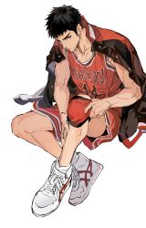 Rule 34 | 1boy, basketball jersey, basketball uniform, black hair, black jacket, brown eyes, buttons, closed mouth, collarbone, commentary request, frown, gyou chin, highres, jacket, jacket on shoulders, jersey, looking at viewer, male focus, mitsui hisashi, red shirt, red shorts, shirt, shoelaces, shoes, short hair, shorts, simple background, sitting, slam dunk (series), sleeveless, sleeveless shirt, sneakers, solo, sportswear, v-shaped eyebrows, white background, white footwear