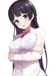 Rule 34 | 1girl, absurdres, black hair, blue bra, blue eyes, blush, bow, bowtie, bra, bra visible through clothes, braid, breast hold, breasts, collared shirt, dress shirt, highres, ichijou (kr neru0), large breasts, long hair, long sleeves, looking at viewer, nijisanji, parted lips, pink bow, pink bowtie, shirt, simple background, solo, tsukino mito, tsukino mito (1st costume), underwear, upper body, very long hair, virtual youtuber, wet, wet clothes, wet hair, wet shirt, white background, white shirt
