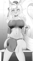 Rule 34 | 1girl, absurdres, alternate costume, animal ears, arknights, bottle, female focus, greyscale, hat, highres, holding, holding bottle, horse ears, horse girl, horse tail, midriff, monochrome, navel, open mouth, ribbon, sally (luna-arts), sitting, solo, sports bikini, stomach, tail, thick eyebrows, whislash (arknights)