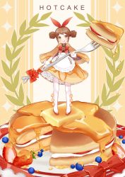 Rule 34 | 1girl, bad id, bad pixiv id, blueberry, bow, bowtie, brown hair, butter, cream, double bun, dress, english text, food, fork, frills, fruit, full body, gotmil, hair bun, holding, honey, long sleeves, looking at viewer, mini person, minigirl, morinaga (brand), orange dress, original, pancake, pantyhose, personification, red bow, red bowtie, ribbon, solo, standing, strawberry, tongue, tongue out, white pantyhose