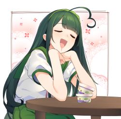 Rule 34 | 1girl, ahoge, blush, commentary request, dark green hair, doily, drooling, elbows on table, closed eyes, floral background, green hairband, green sailor collar, green skirt, haagen-dazs, hairband, head rest, highres, ice cream cup, long hair, mouth drool, neck ribbon, open mouth, pea pod, pleated skirt, ribbon, sailor collar, school uniform, serafuku, shirinda fureiru, shirt, sitting, skirt, solo, spoon, table, touhoku zunko, voiceroid, white shirt