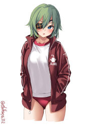 Rule 34 | 1girl, blue eyes, blush, breasts, buruma, cropped legs, ebifurya, eyepatch, gluteal fold, green hair, hair between eyes, hands in pockets, highres, jacket, kantai collection, kiso (kancolle), kiso kai ni (kancolle), long sleeves, medium breasts, official alternate costume, one-hour drawing challenge, open mouth, red jacket, shirt, solo, track jacket, twitter username, white background, white shirt