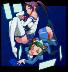 Rule 34 | 2girls, 2k-tan, all fours, arm support, ass, bad anatomy, bad id, bare shoulders, blue eyes, blue skirt, blush, breasts, brown hair, head rest, fetal position, futsuu no hito, glasses, green eyes, green hair, hair intakes, hair ornament, hairclip, impossible clothes, impossible shirt, large breasts, leotard, logo, long hair, long legs, long sleeves, looking at viewer, lying, maid headdress, matching hair/eyes, miniskirt, multiple girls, one-piece swimsuit, one eye closed, os-tan, panties, pantyshot, ponytail, puffy sleeves, pun, purple hair, reclining, sailor collar, school uniform, serafuku, shirt, short hair, sidelocks, sitting, skirt, smile, swimsuit, swimsuit under clothes, thighhighs, top-down bottom-up, underwear, white legwear, white panties, wink, xp-tan, zettai ryouiki