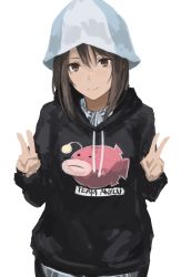 Rule 34 | 10s, 1girl, anglerfish, bad id, bad twitter id, blue hat, brown eyes, brown hair, double v, emblem, fish, girls und panzer, hat, highres, hood, hoodie, matching hair/eyes, mika (girls und panzer), senaya eru, short hair, simple background, sketch, smile, solo, v, white background