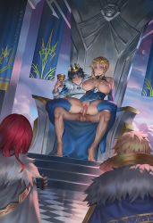 Rule 34 | 1girl, 3boys, artoria pendragon (fate), artoria pendragon (lancer) (fate), audience, bare shoulders, black gloves, black hair, blonde hair, blue leotard, blue sky, blue thighhighs, braid, breasts, breasts out, cape, censored, chair, chaldea uniform, chalice, closed mouth, command spell, cowgirl position, crown, cup, elbow gloves, erection, fate/grand order, fate (series), flag, fujimaru ritsuka (male), fur collar, fur trim, gawain (fate), gloves, green eyes, hair between eyes, hair bun, hetero, large breasts, leotard, long hair, looking at another, mosaic censoring, multiple boys, multiple girls, nipples, no pants, penis, pussy, red hair, reverse cowgirl position, reverse upright straddle, sex, sex from behind, short hair, sidelocks, single hair bun, sitting, sky, smile, spread legs, stairs, standing, straddling, testicles, thighhighs, thighs, throne, tile floor, tiles, tristan (fate), unfairr, vaginal, window