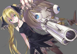 Rule 34 | 1girl, arm at side, bare arms, bare shoulders, black dress, black ribbon, blonde hair, breasts, bright pupils, chuck (shaman king), collarbone, cowboy shot, doll, dress, dutch angle, eyebrows, eyes visible through hair, facing away, foreshortening, frown, gothic lolita, grabbing another&#039;s hair, green eyes, grey background, gun, hair between eyes, hair ribbon, highres, legs apart, lolita fashion, long hair, looking at viewer, marion phauna, medium breasts, ribbon, shaman king, shiori (moechin), short dress, simple background, solo, standing, star (symbol), stuffed toy, twintails, very long hair, weapon, white pupils