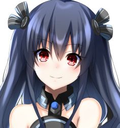 Rule 34 | bare shoulders, black hair, collar, commentary, doria (p f dolia), english commentary, hair between eyes, hair ornament, long hair, looking at viewer, neptune (series), portrait, red eyes, simple background, smile, smug, solo, two side up, uni (neptunia), white background