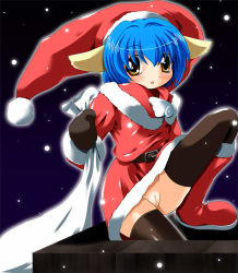 Rule 34 | 00s, 1girl, animal ears, black gloves, black thighhighs, blue hair, blush, boots, brown eyes, capelet, chimney, christmas, cleft of venus, dress, fur-trimmed boots, fur-trimmed capelet, fur-trimmed dress, fur-trimmed headwear, fur trim, galaxy angel, gloves, hat, long sleeves, looking at viewer, mint blancmanche, night, no panties, open mouth, outdoors, pom pom (clothes), pussy, red capelet, red dress, red footwear, red hat, sana (kerarino), santa costume, santa hat, short hair, sky, snow, solo, thighhighs, yellow eyes