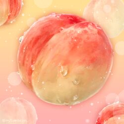 Rule 34 | artist name, food, food focus, fruit, gradient background, highres, mitomaton, no humans, original, peach, pink background, realistic, still life, twitter username, water drop, yellow background