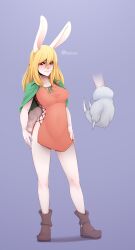 Rule 34 | 1girl, absurdres, blonde hair, brown footwear, carrot (one piece), closed mouth, furry, furry female, highres, long hair, looking at viewer, multiple views, one piece, rabbit ears, red eyes, tagme, twitter username, white fur