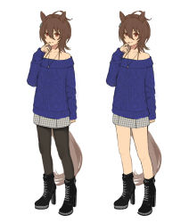 Rule 34 | 1girl, agnes tachyon (umamusume), ahoge, alternate costume, animal ears, black pantyhose, blue sweater, boots, brown eyes, brown hair, commentary request, full body, high heel boots, high heels, horse ears, horse girl, horse tail, jewelry, long sleeves, medium hair, multiple views, nazuka (mikkamisaki), necklace, pantyhose, simple background, solo, standing, sweater, tail, umamusume, white background